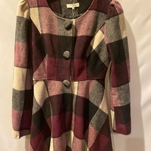 NWT-Ryu wool wine plaid fur scarf coat